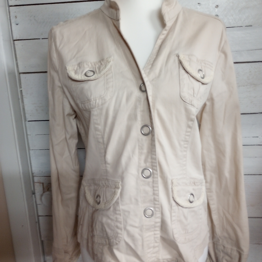 Live a Little Military Style Jacket, Snap Front Off White Size Medium
